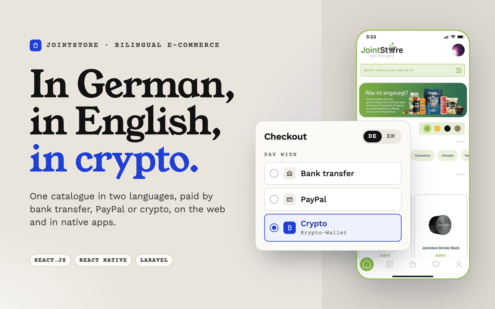 Jointstore — Bilingual e-commerce platform with crypto payments