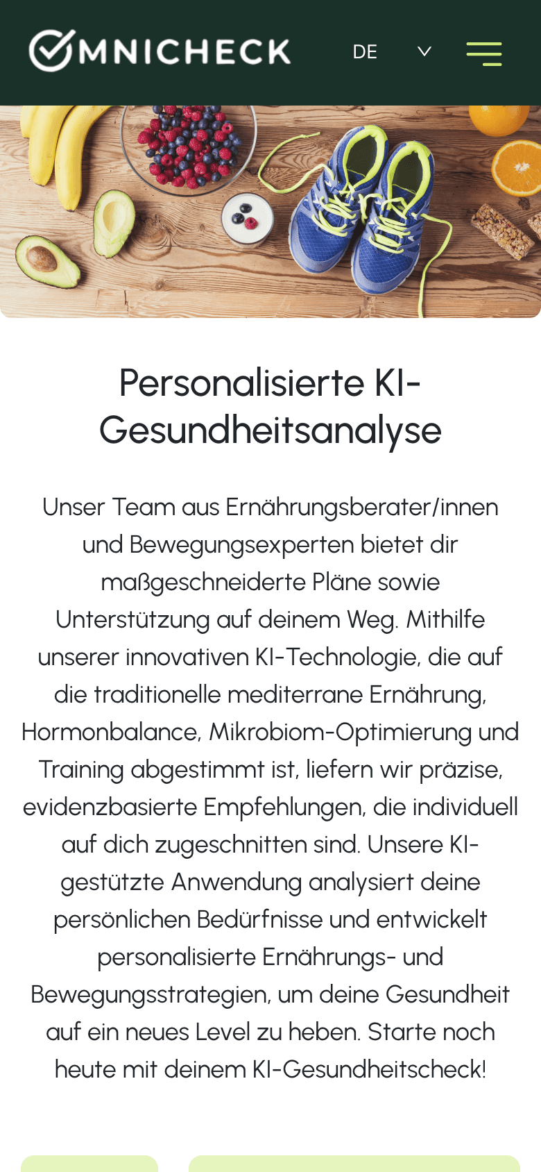 The same page on a phone, with the introduction to Omnicheck's AI health analysis in German.