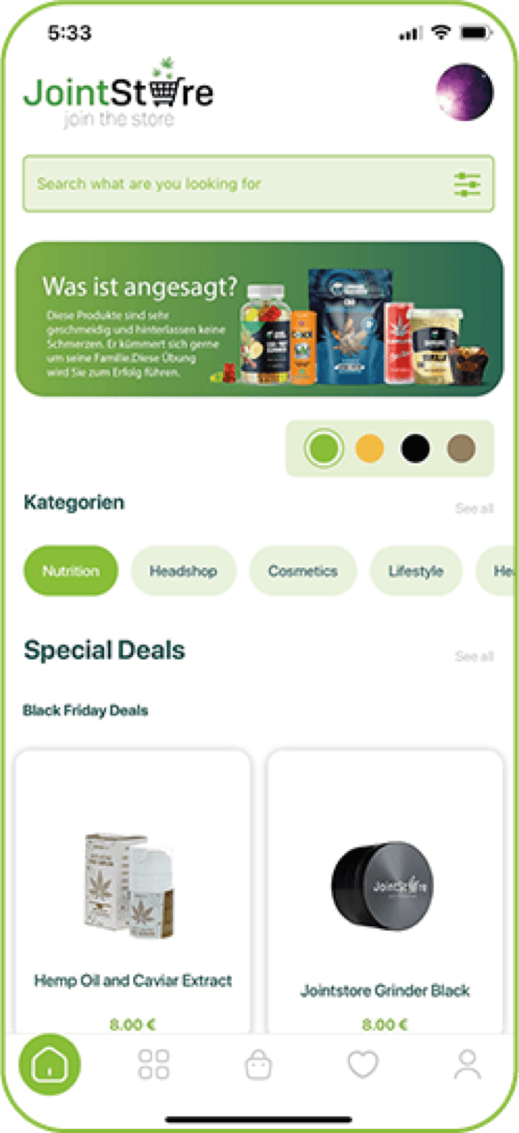 Native mobile storefront with search and deals