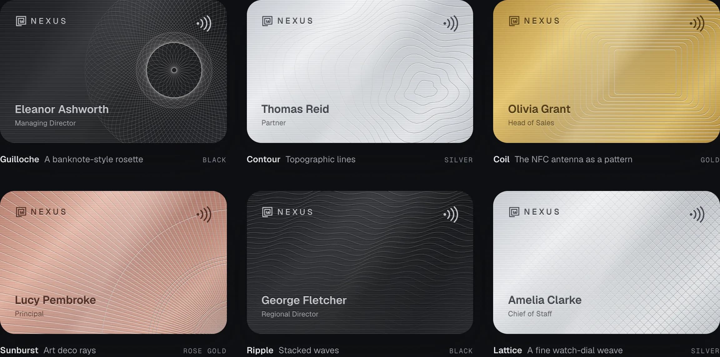 Six etched metal Nexus cards: guilloche, contour, coil, sunburst, ripple and lattice patterns in black, silver, gold and rose gold